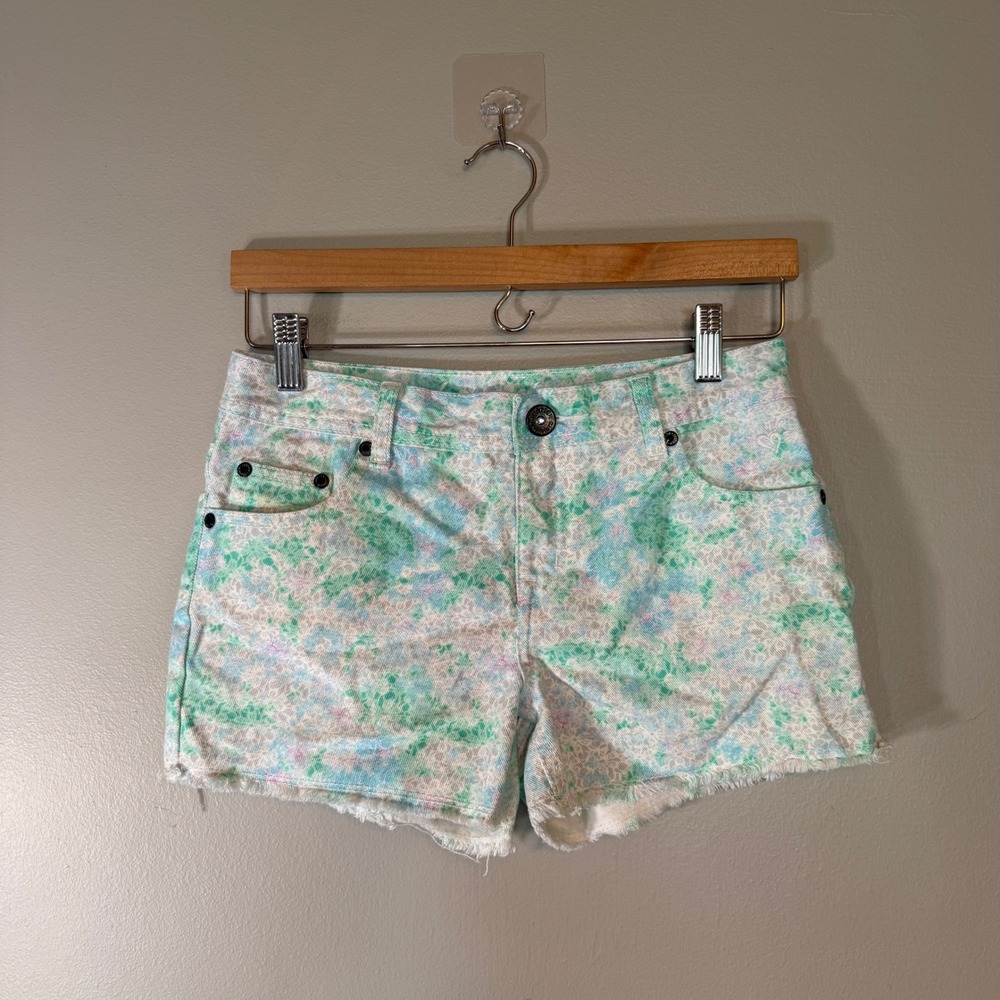 Justice Premium Girls Floral Lace Print Denim Shorts Size 14R Pastel Low Rise